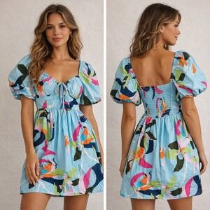 NWT A New Day Sz S Blue Floral Puff Sleeve Smocked Baby Doll Mini Dress